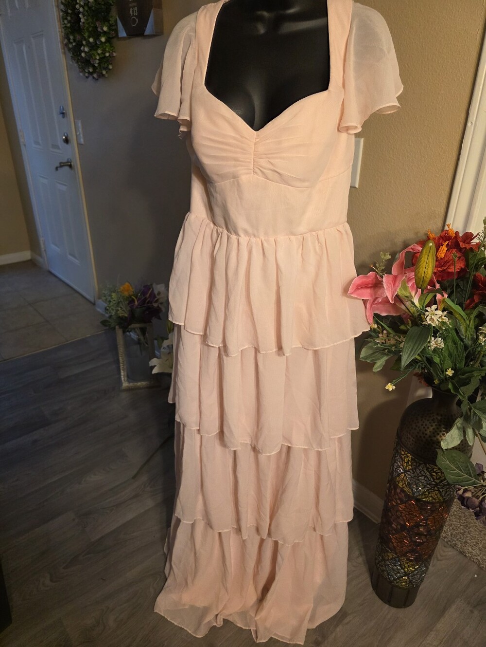 Romantic Blush Pink Tiered Maxi Dress with Flutter Sleeves